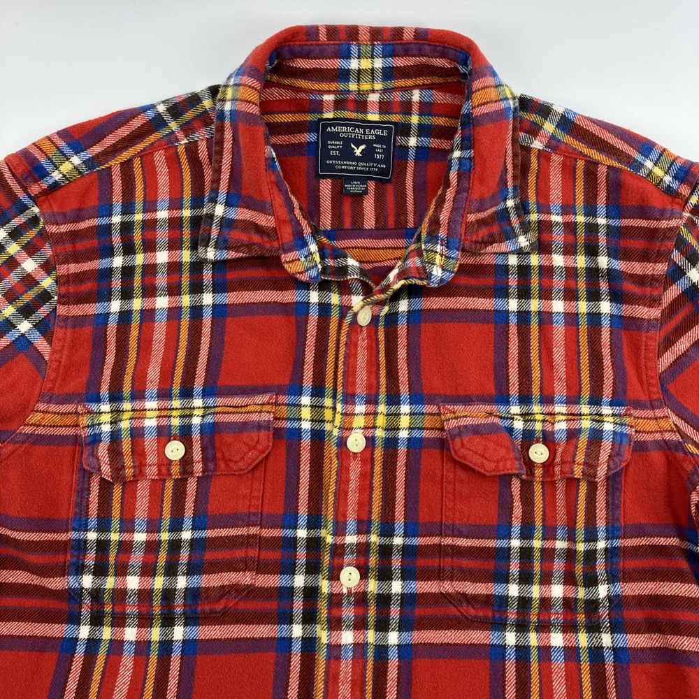 American Eagle Mens Heavyweight Flannel Shirt Size Large Red plaid Multicolor